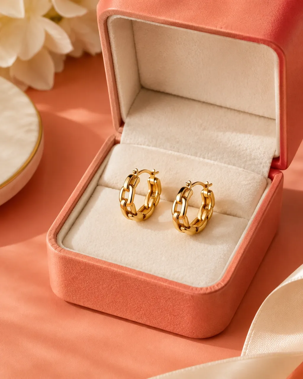Gold link hoop earrings displayed in a coral jewelry box