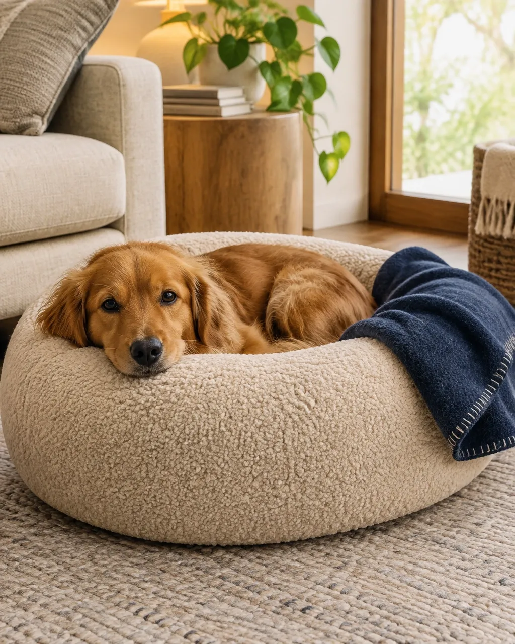 Plush oatmeal pet bed with a resting golden dog