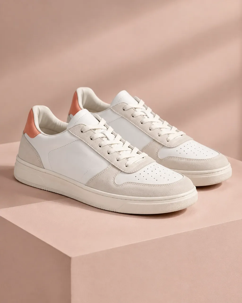 Cream low-top sneakers with coral heel accents on a blush studio plinth