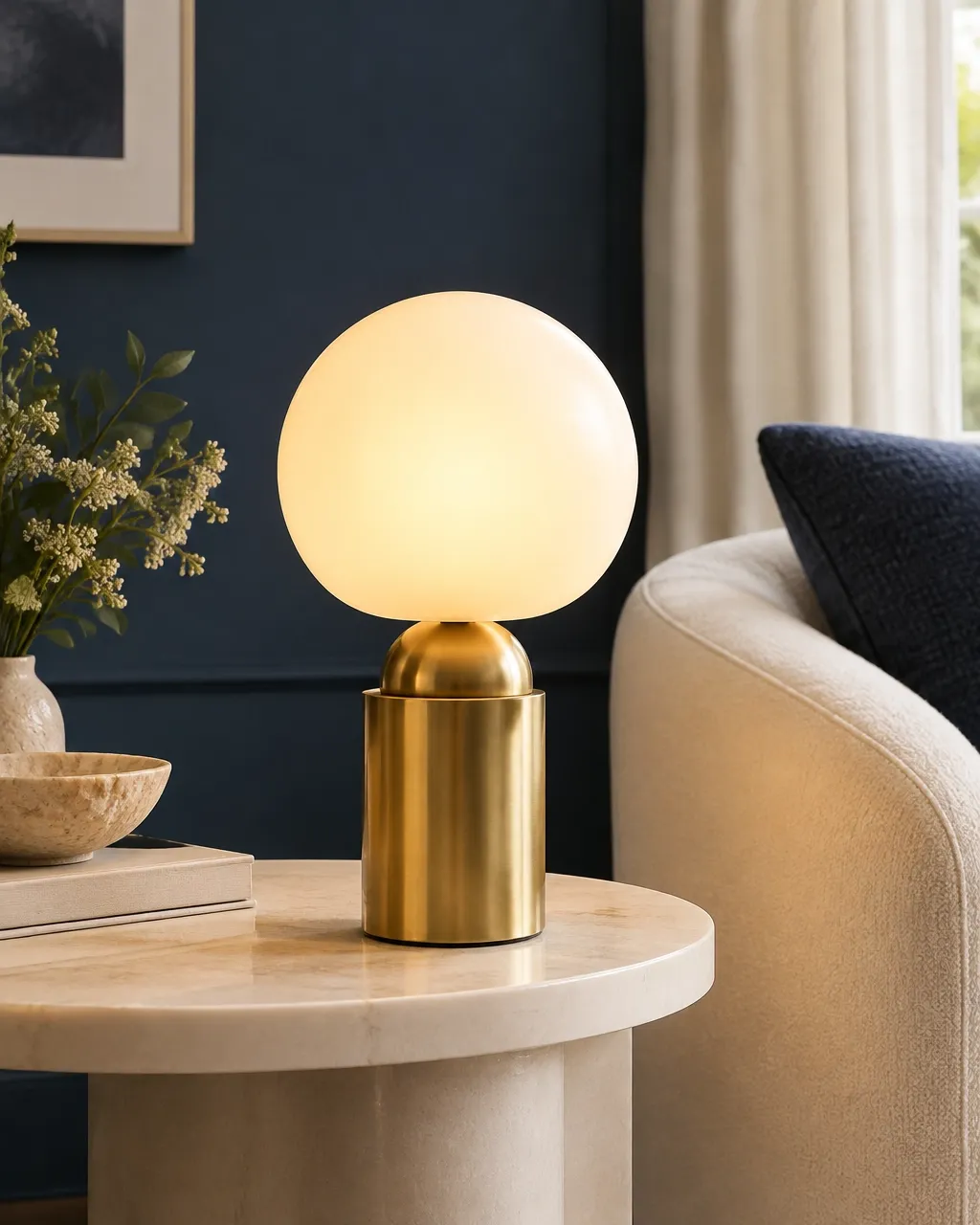 Glowing frosted globe table lamp with brushed brass base