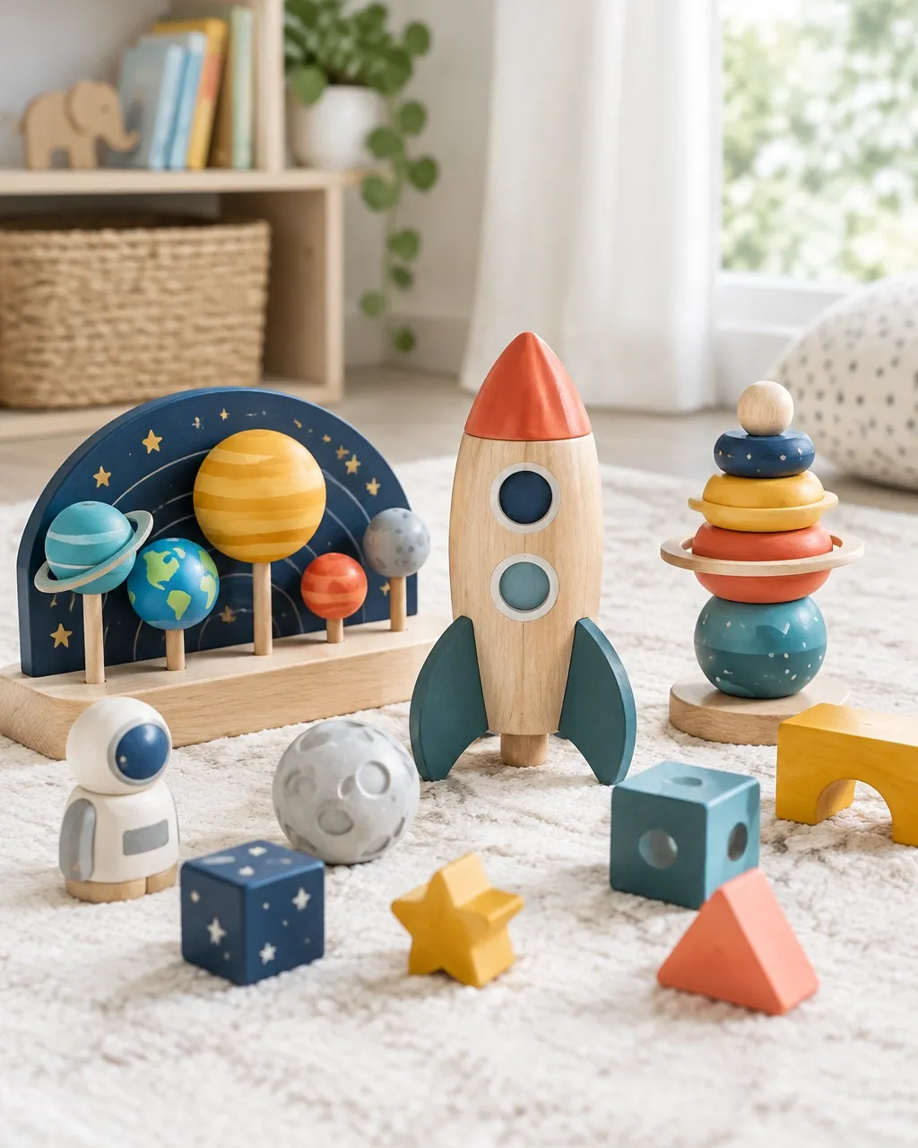 Colorful wooden space-themed toys and rocket play set