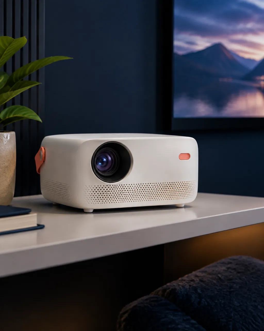 Compact white home projector on a shelf in a dark living room