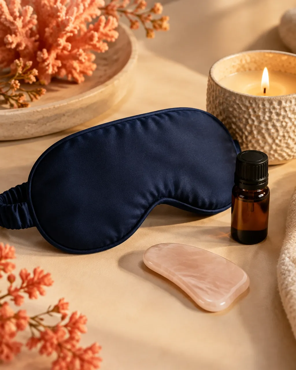 Evening wellness set with navy eye mask, oil and gua sha tool