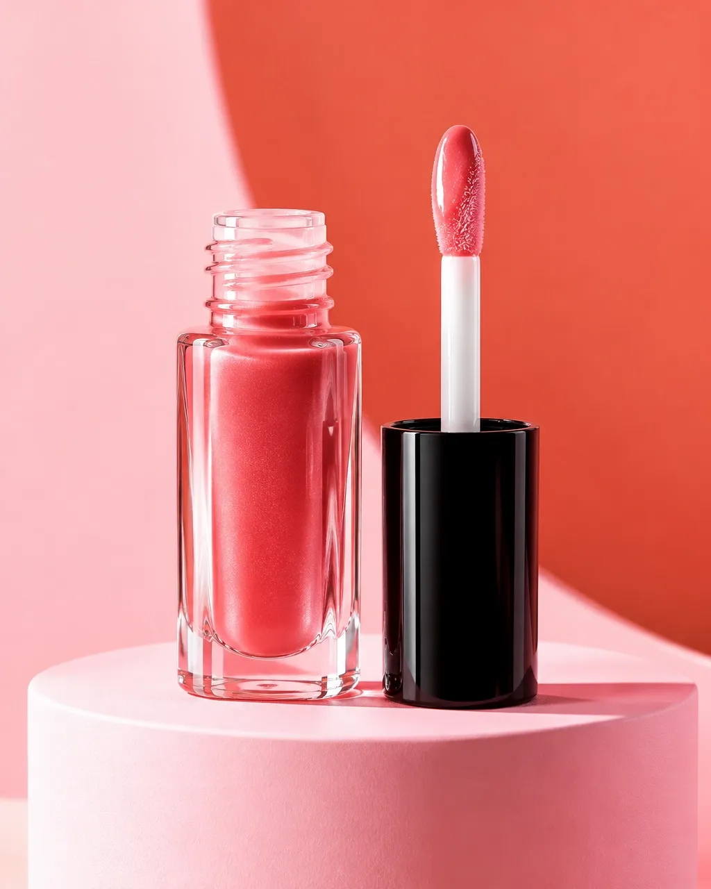 Rosy lip oil in a clear glass bottle with applicator