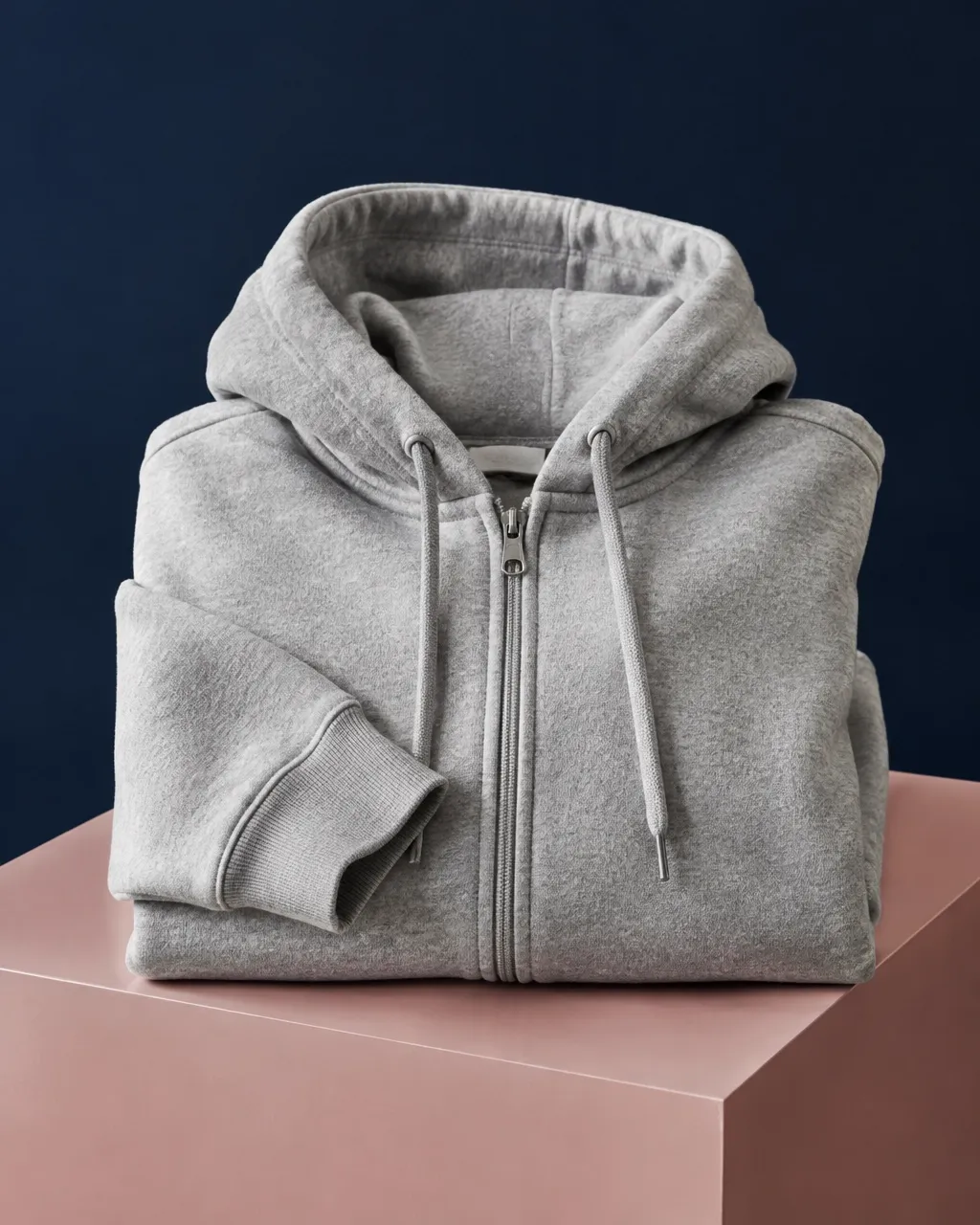 Folded heather-gray zip hoodie on a blush pedestal