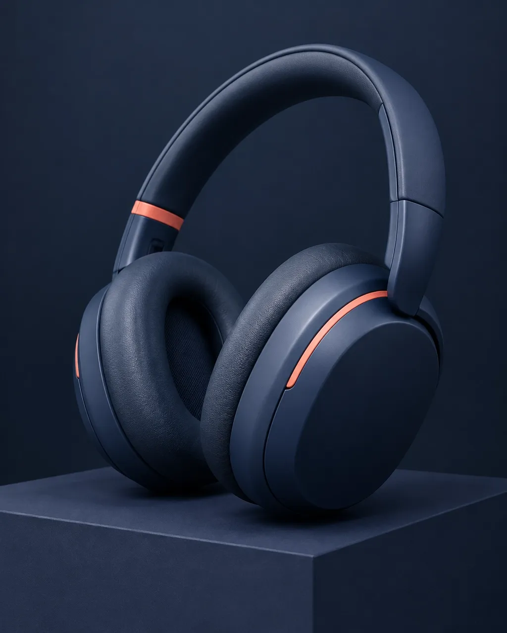Midnight navy over-ear headphones with soft cushions and coral accents