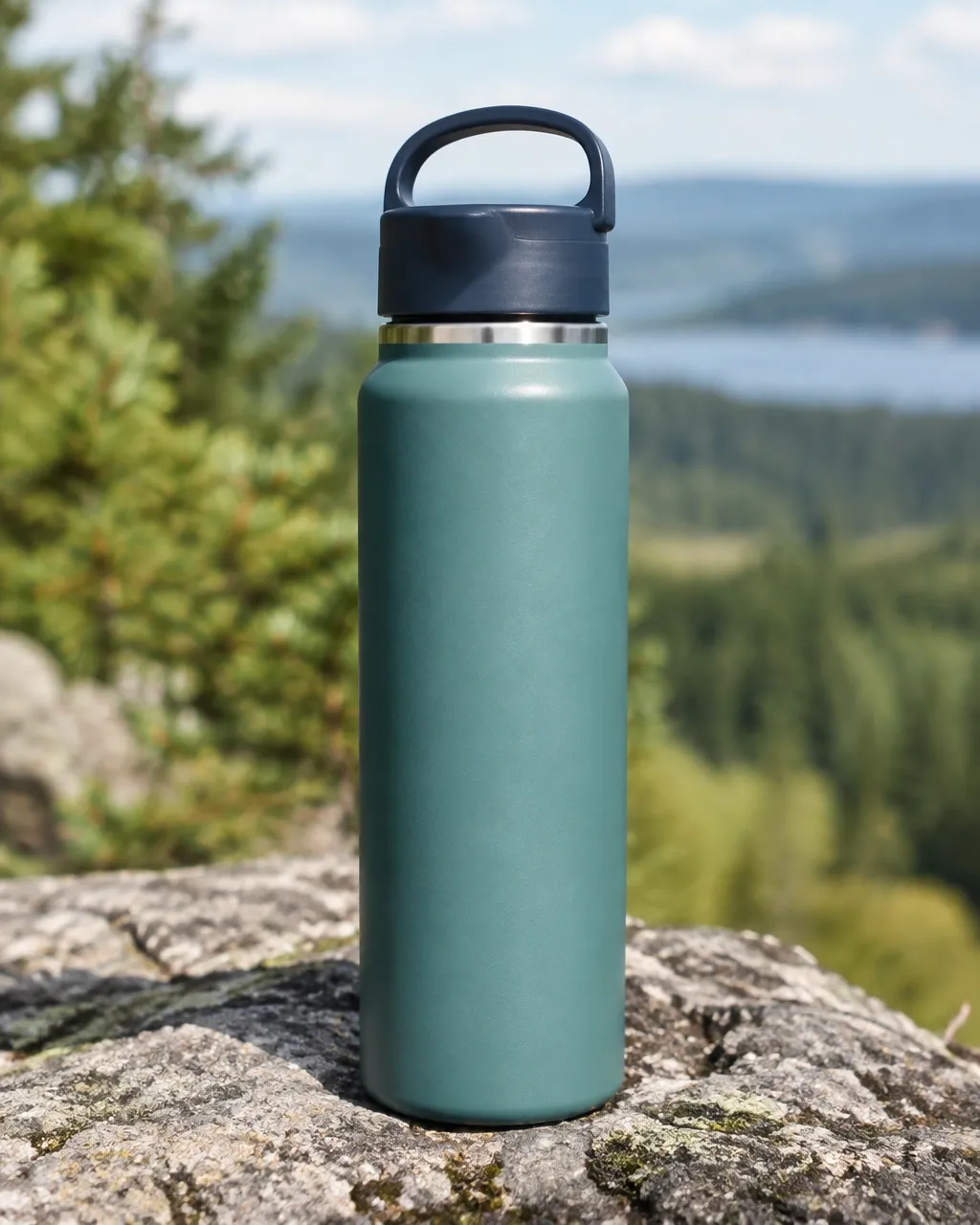 Teal insulated water bottle on a scenic outdoor ledge