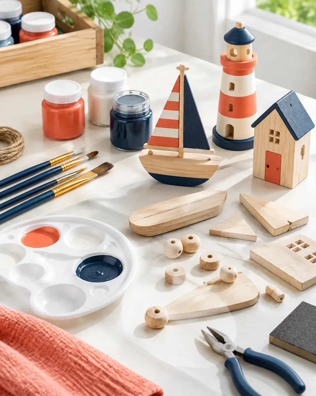 DIY craft kit with paint jars, brushes and wooden pieces